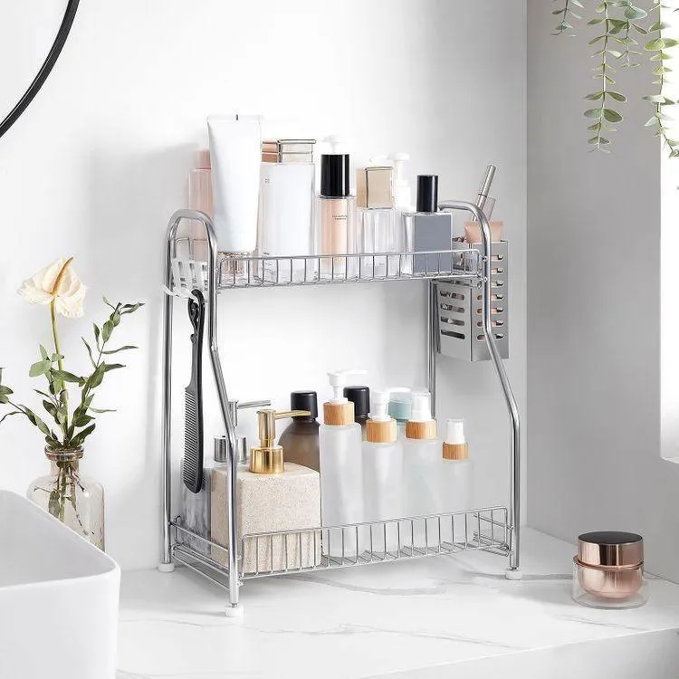 Organizador de baño de 2 niveles plateado