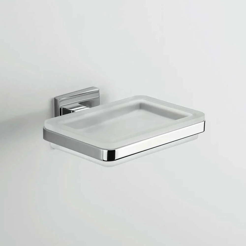 Porta jabonera de forma cuadrada en latón cromado con platillo de vidrio esmerilado Colombo Design colección BasicQ Con fi...