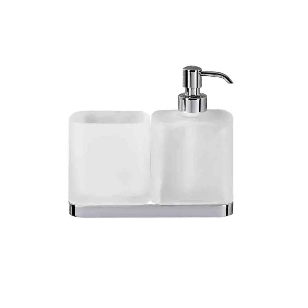 Porta vaso y dispensador de jabón en latón y vidrio acidado colección Time de Colombo Design