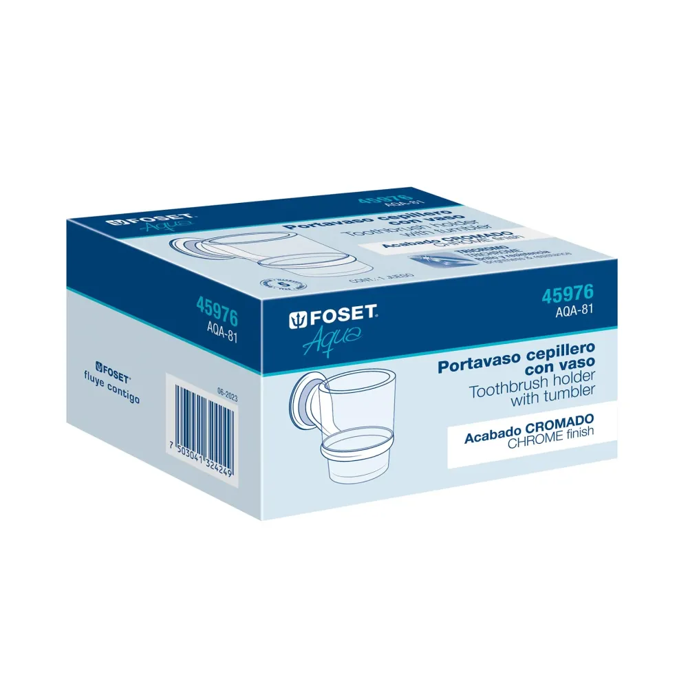 Portavaso cepillero cromo con vaso de vidrio, Foset Aqua