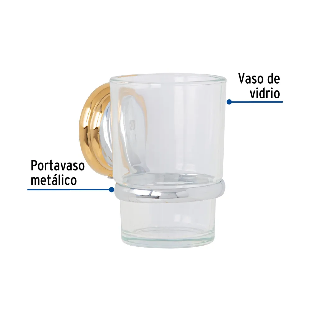 Portavaso cepillero cromo-oro con vaso de vidrio, Foset Aqua