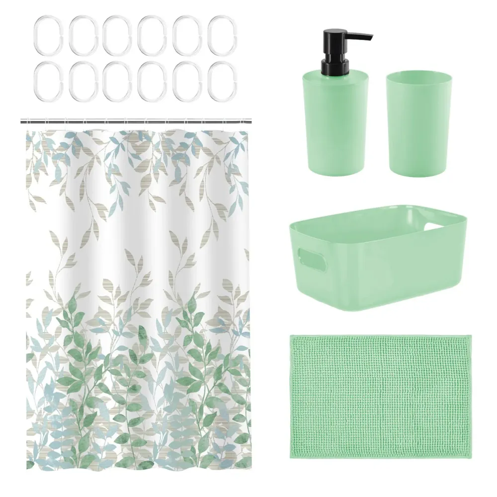 Set Baño 17 Pcs Canasto+Cort+Piso+Dispen. Verde