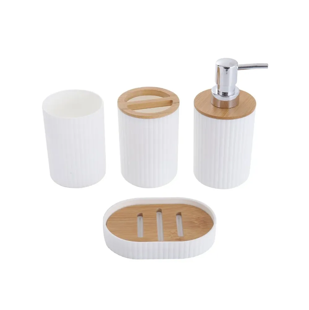 Set de baño 4 piezas dispensador + jabonera + 2 vasos blanco/natural