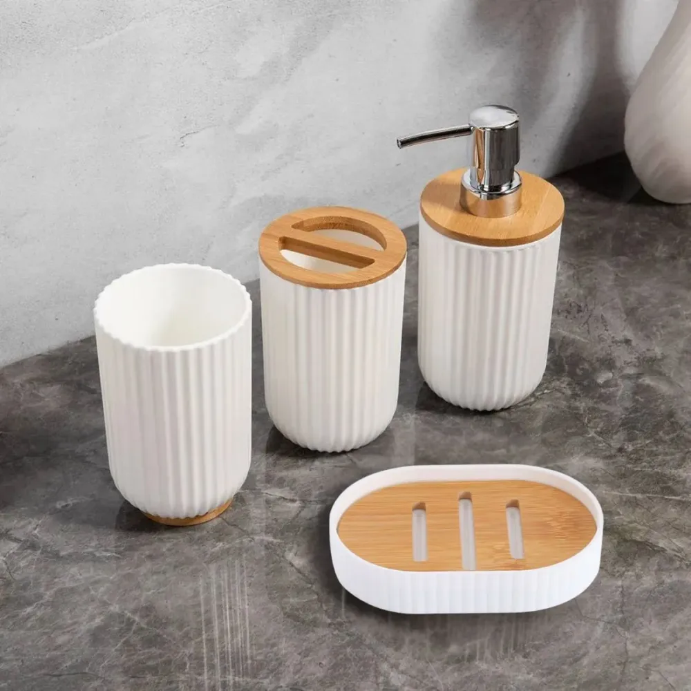 Set de baño 4 piezas dispensador + jabonera + 2 vasos blanco/natural