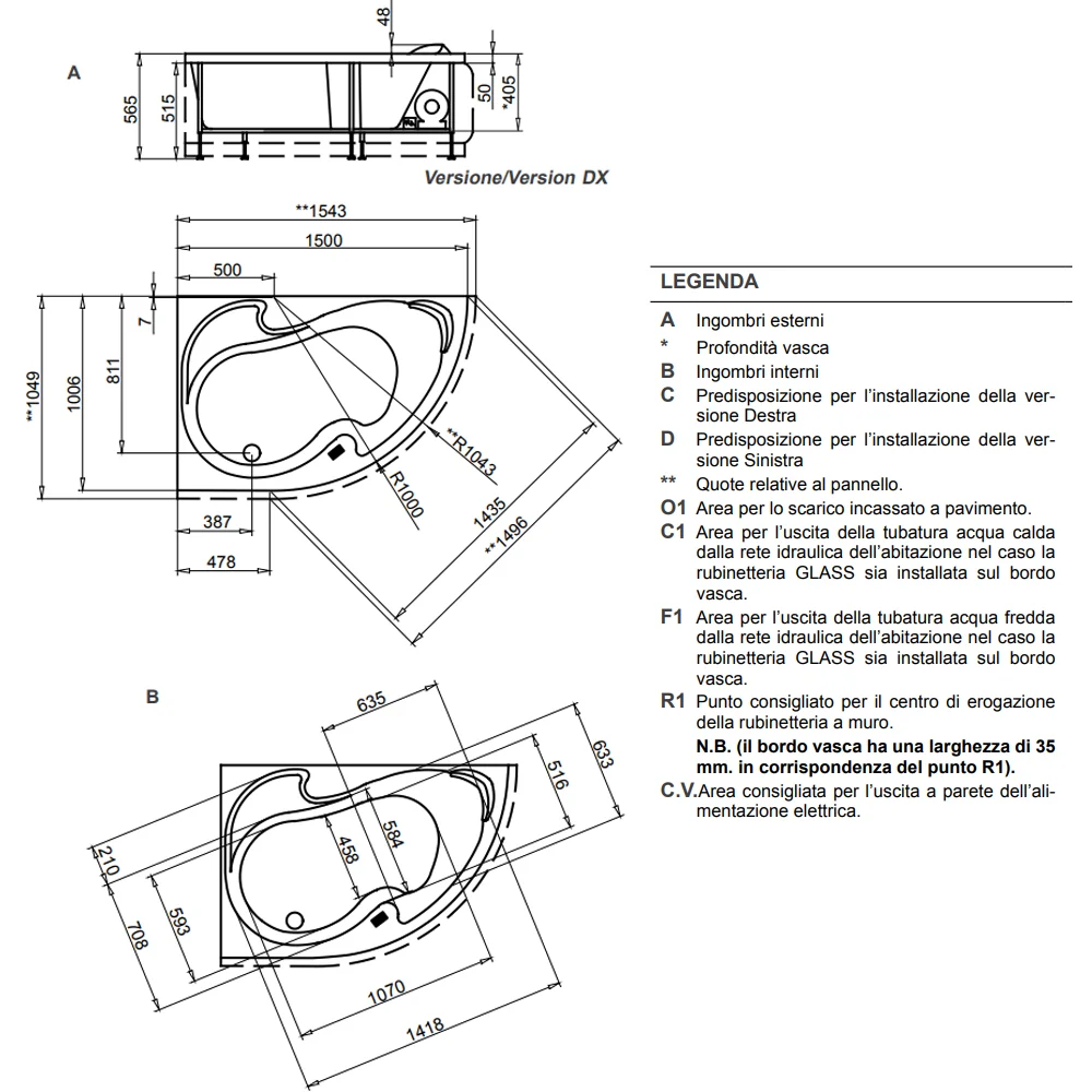Vasca Bagno asimmetrica Grace con idromassaggio acrilico e Abs cm 150x100- Versione Destra