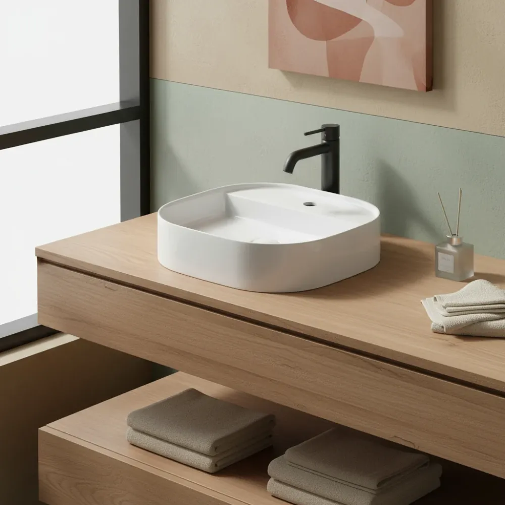 Lavabo da appoggio con angoli stondati serie Smart-B di Ceramica Galassia - Bianco lucido 45cm