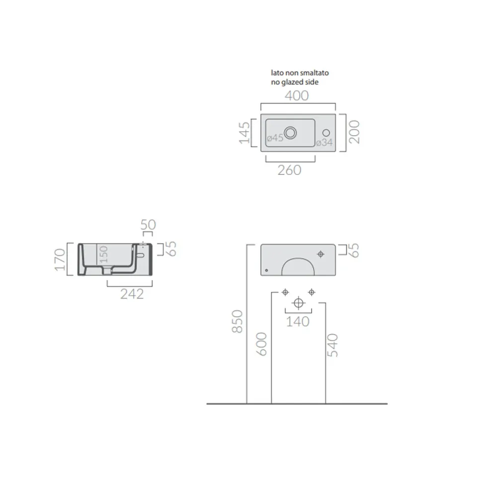 Lavabo da appoggio/sospeso serie Plus Design di Ceramica Galassia - Bianco lucido 40x20cm