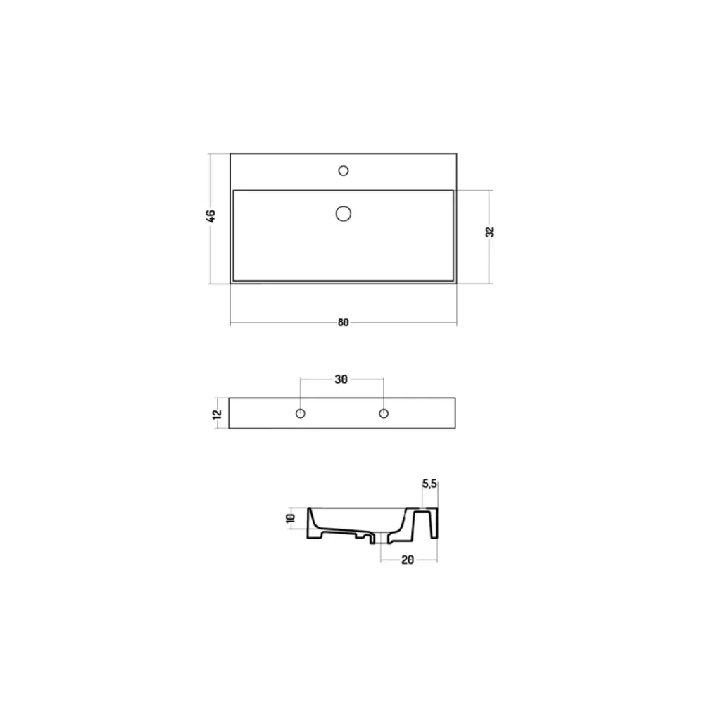 Lavabo rettangolare da appoggio o sospeso ceramica bianca lucida 80x46 cm con foro per rubinetto Disegno-Ceramica