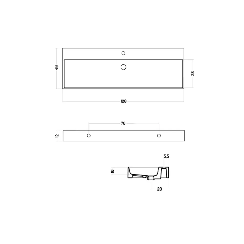 Lavabo rettangolare da appoggio o sospeso ceramica bianca lucida 120x40 cm con foro per rubinetto Disegno-Ceramica