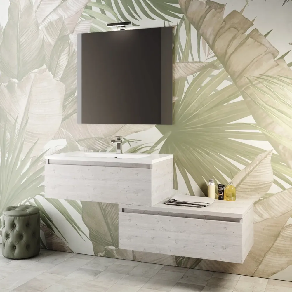 Mobile bagno sospeso con specchiera e lavabo modello Andrea - Portuna Bianco
