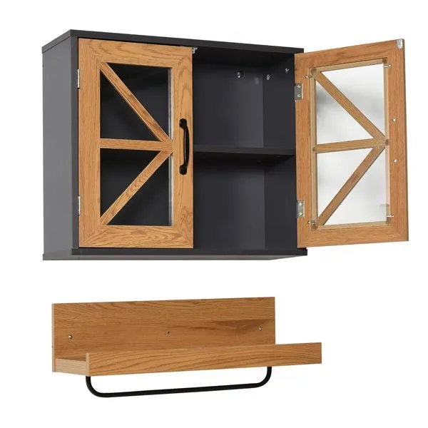 Conjunto de baño Kleankin armario colgante+estante+toallero natural/gris