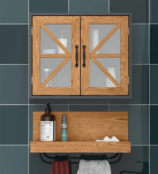 Conjunto de baño Kleankin armario colgante+estante+toallero natural/gris