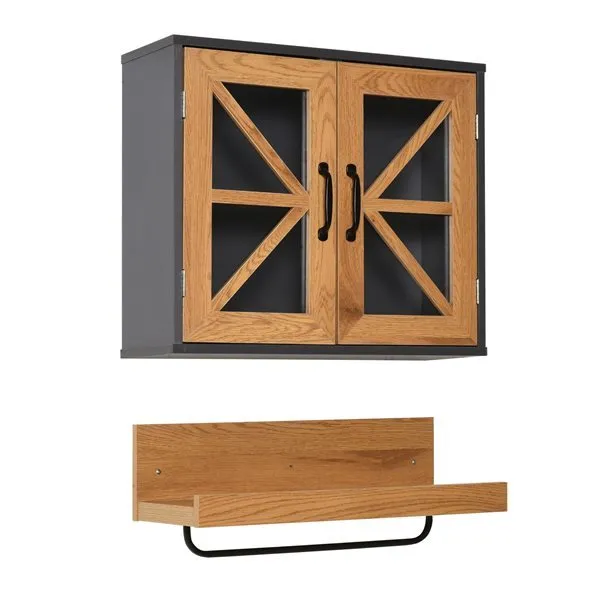 Conjunto de baño Kleankin armario colgante+estante+toallero natural/gris