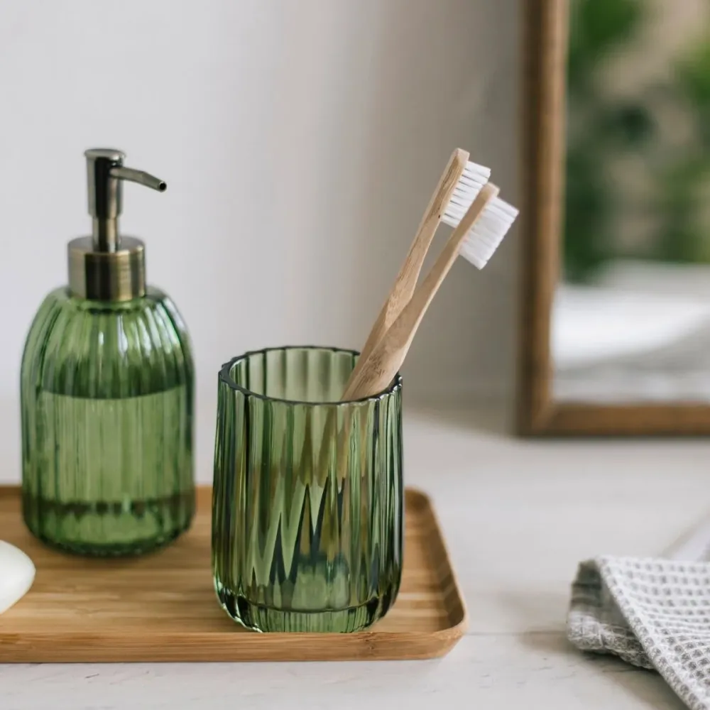 Dispensador de Jabón Portacepillos de baño verde de cristal estilo antiguo
