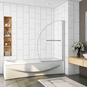 Mampara de Bañera en Forma Media Luna con un Toallero 40cm,Vidrio Templado Antical 8mm,Cromado,(98-100.5)X150cm
