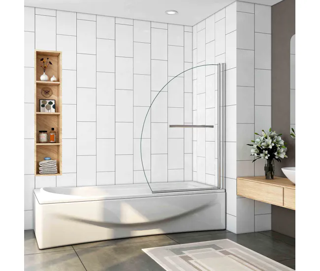 Mampara de Bañera en Forma Media Luna con un Toallero 40cm,Vidrio Templado Antical 8mm,Cromado,(98-100.5)X150cm