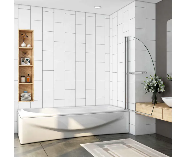Mampara de Bañera en Forma Media Luna con un Toallero 40cm,Vidrio Templado Antical 8mm,Cromado,(98-100.5)X150cm