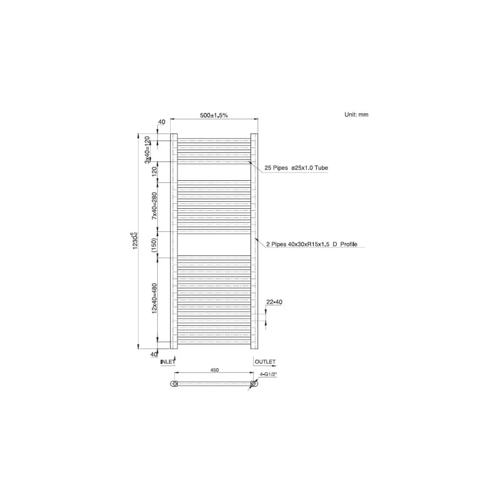 Toallero calefactor hidráulico para baño 1230x500 mm intereje 450 mm en acero cromado