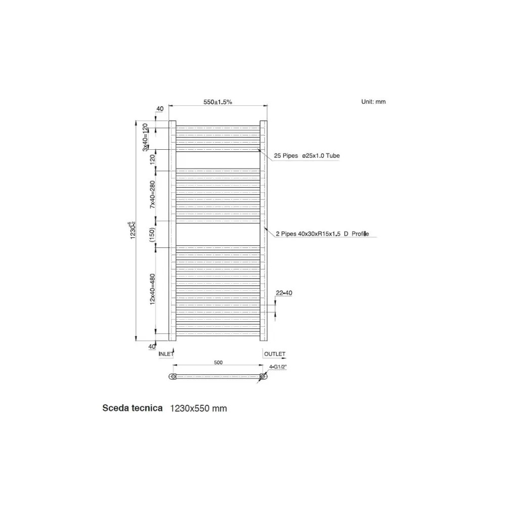 Toallero calefactor hidráulico para baño 1230x550 mm distancia entre ejes 500 mm en acero cromado