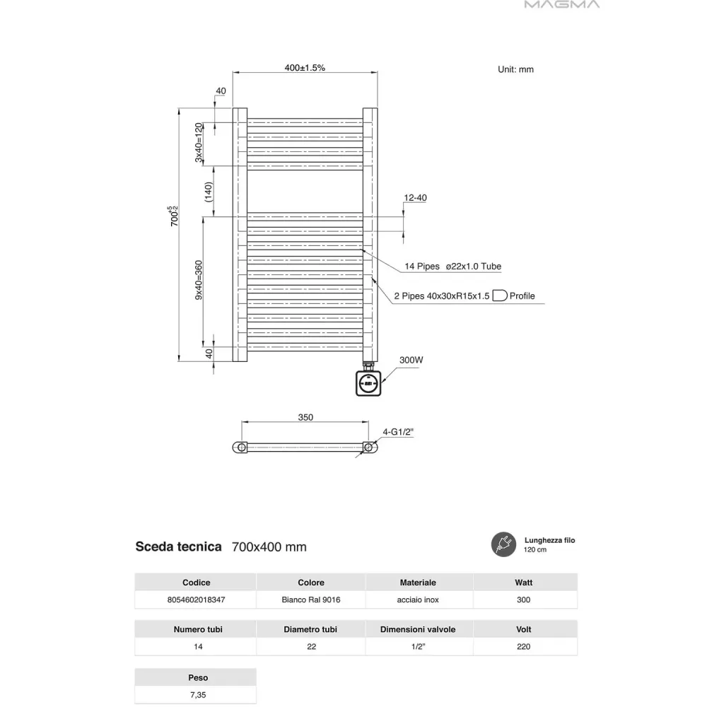 Toallero eléctrico para baño con termostato con display 700x400 con potencia de 300 vatios Colección vialis Nueva Generaci...