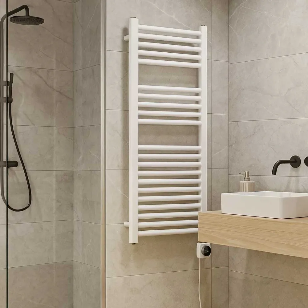 Toallero eléctrico para baño con termostato con pantalla 1160x500 con potencia de 400 vatios Colección Vialis nueva genera...