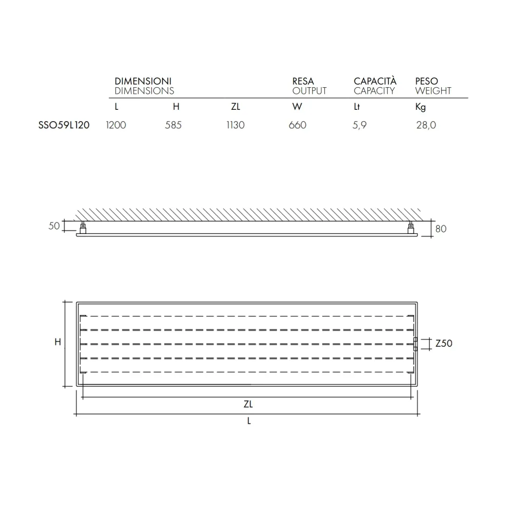 Toallero hidráulico con placa horizontal 585x1200 mm intereje 50 mm modelo TermoCrea Blanco