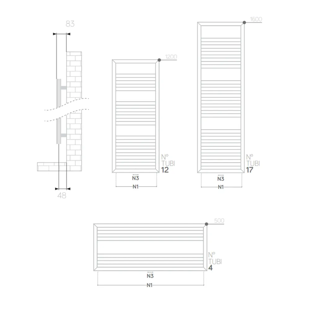 Toallero plano Lazzarini 1200x500 mm distancia entre ejes 400 mm/50 mm modelo Urbino acabado Antracita