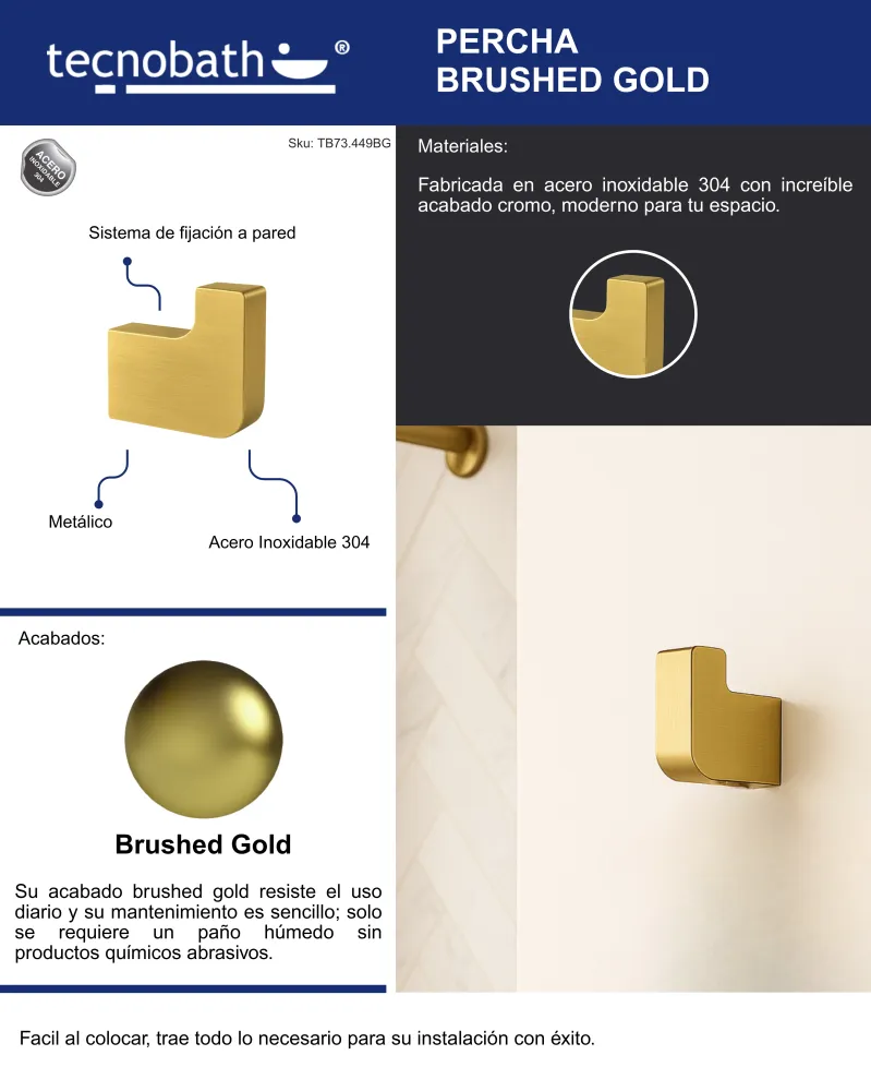 Resistente al Agua Percha Para Baño Brushed Oro