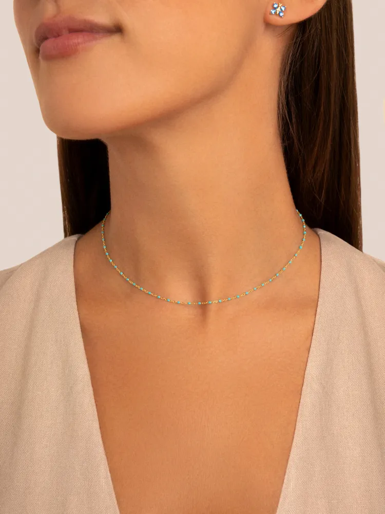 Collar Dots Aguamarina Enamel Plata Baño Oro en Blanco Hueso