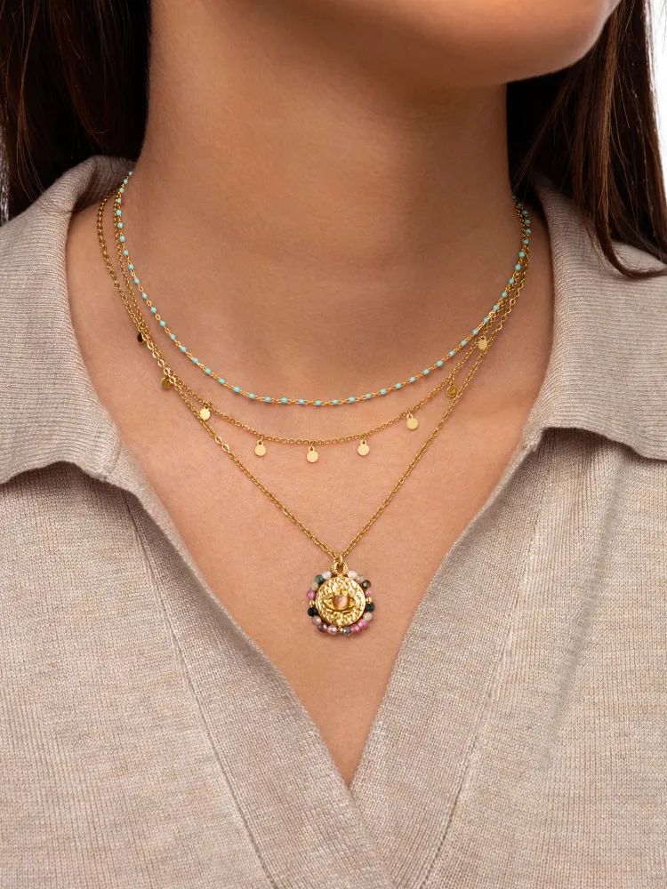 Collar Dots Aguamarina Enamel Plata Baño Oro en Blanco Hueso