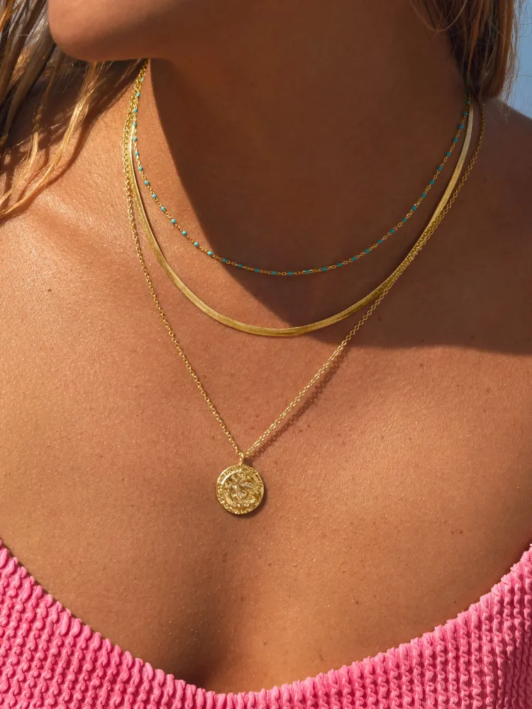 Collar Dots Aguamarina Enamel Plata Baño Oro en Blanco Hueso
