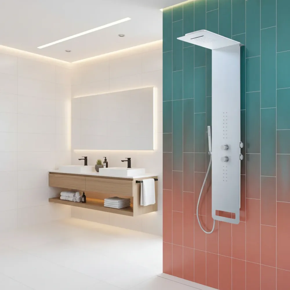 Pannello Doccia acciaio inox verniciato bianco con miscelatore 4 vie soffione con cascata, idromassaggio, flessibile e doc...