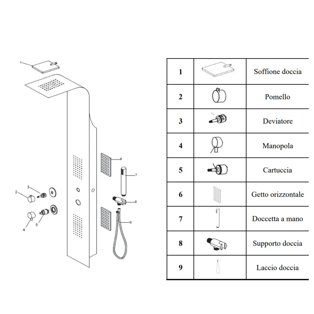 Pannello doccia Design realizzato Alluminio verniciato Bianco 3 funzioni, soffione, doccino e getti orizzontali