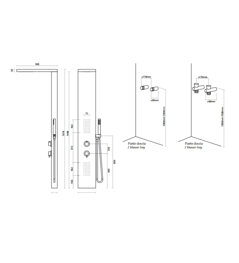Pannello Doccia idromassaggio dal design squadrato realizzato acciaio inox spazzolato con cascata
