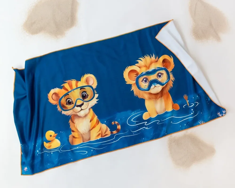 KIOKIDS TOALLA PLAYA MICROFIBRA AZUL MARINO CON ANIMALES Tamaño 70x140 cm